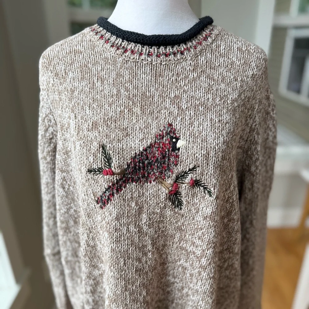 Vintage C.J. Banks Heather Brown Black Red Hand Embroidered Cardinal Sweater X